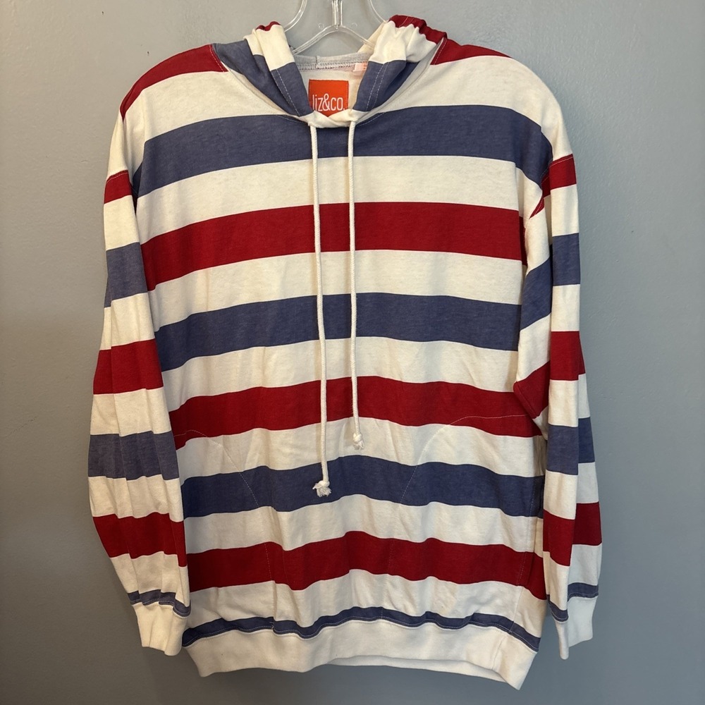 Liz & Co Red White Blue Striped Sweatshirt Hoodie Size S Patriotic Nautical